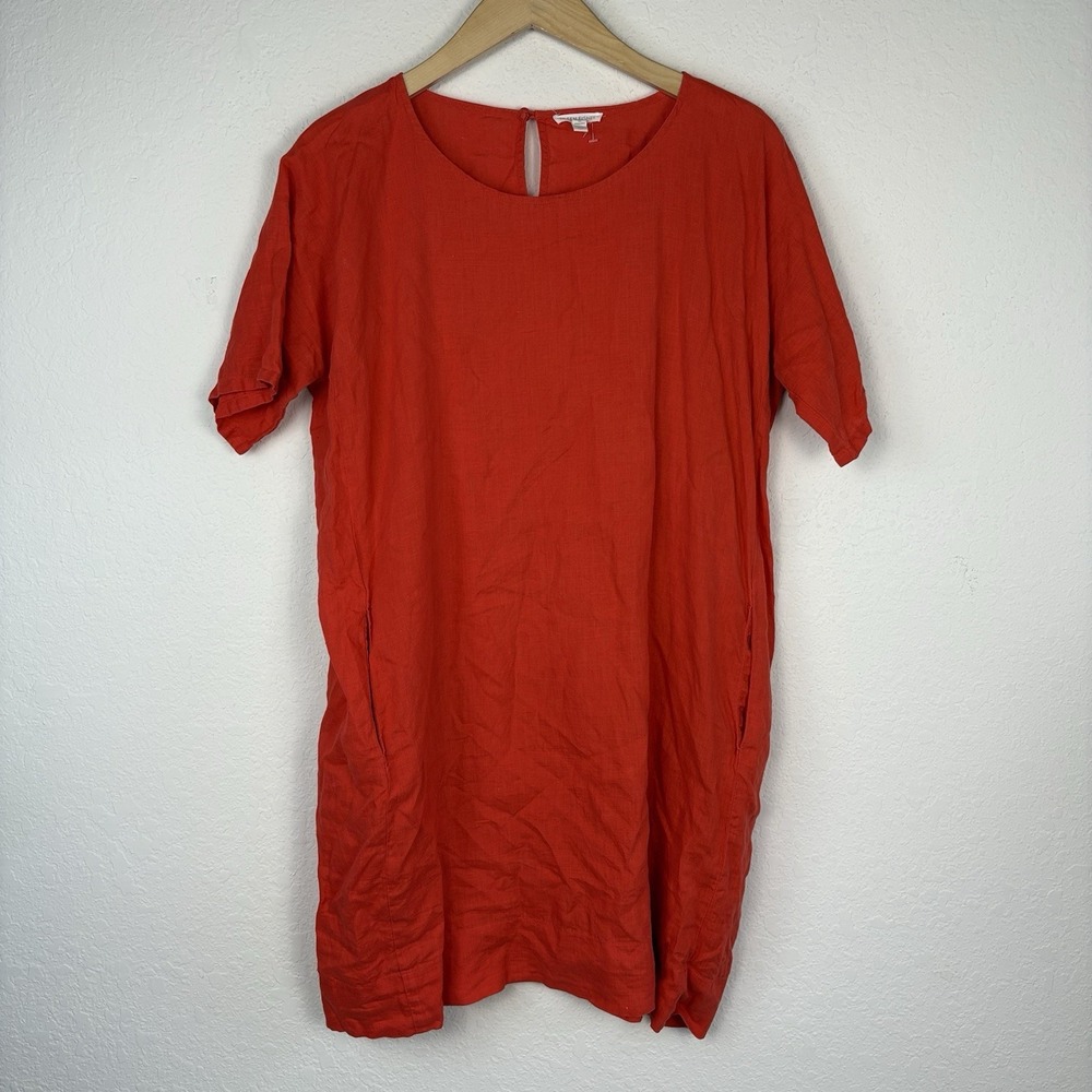 Eileen Fisher 100% Organic Handkerchief Linen Dress Orange Beach Size M Boxy - Picture 3 of 6